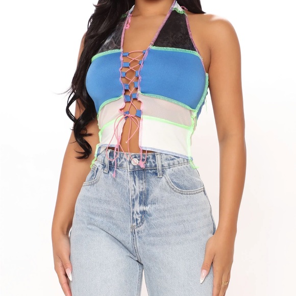 Color It In Colorblock Halter Top - Blue Green Pink Topstitching Distressed - Picture 1 of 16